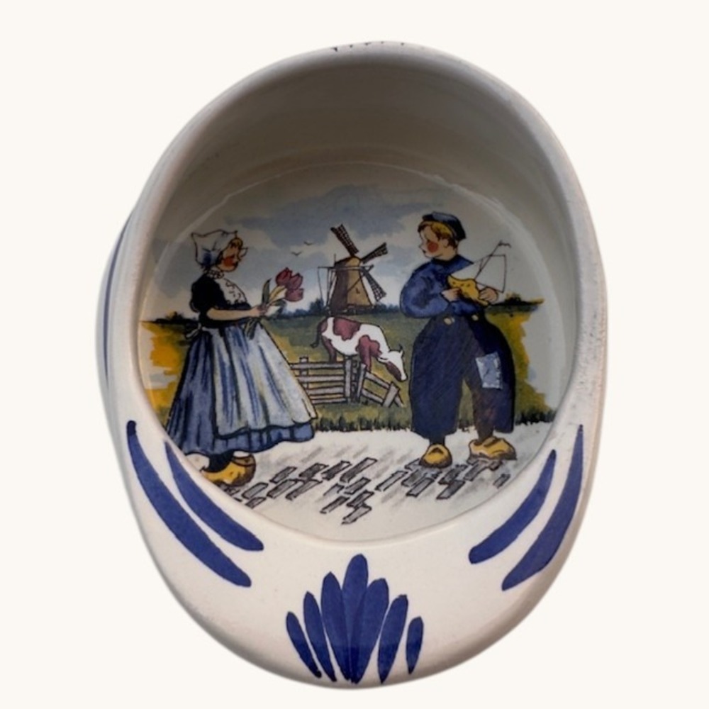 Delfts‎ Blauw Hand Painted Trinket Dish Ceramic Cap Holland Windmill Scene Agro